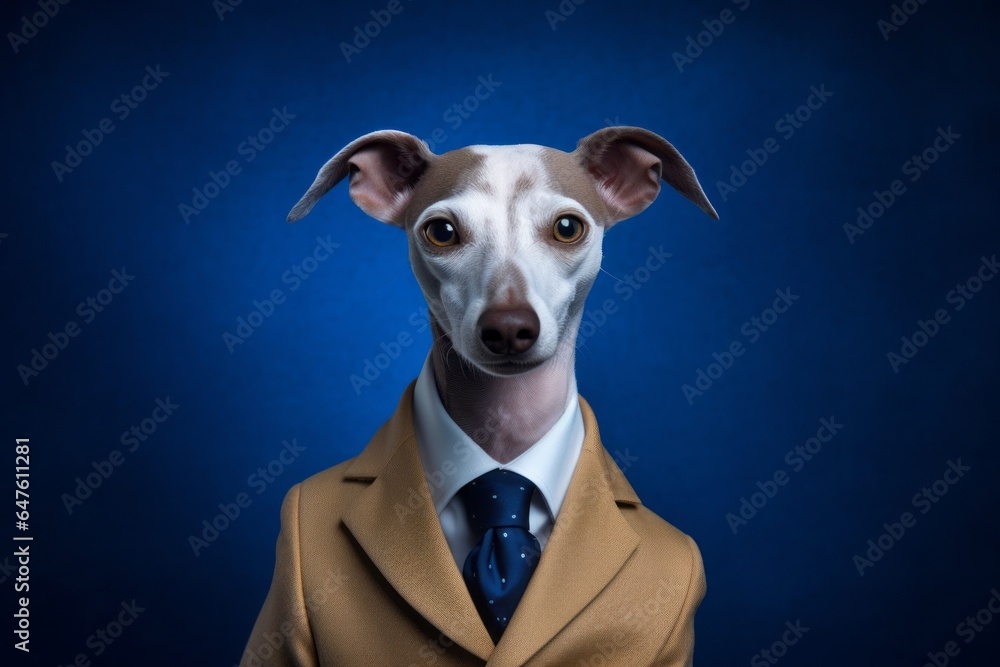 Lifestyle portrait photography of a bored italian greyhound dog wearing a dapper suit against a deep indigo background. With generative AI technology