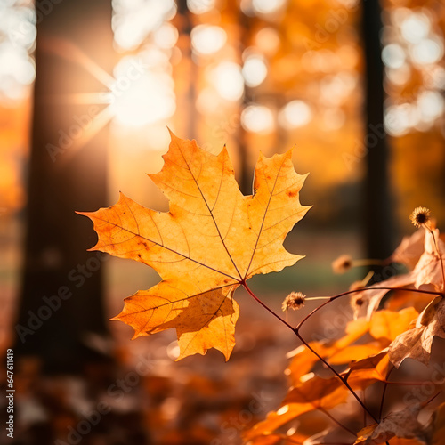 golden autumn leaves at sunset