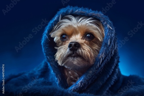 Close-up portrait photography of a funny lowchen dog wearing a thermal blanket against a deep indigo background. With generative AI technology