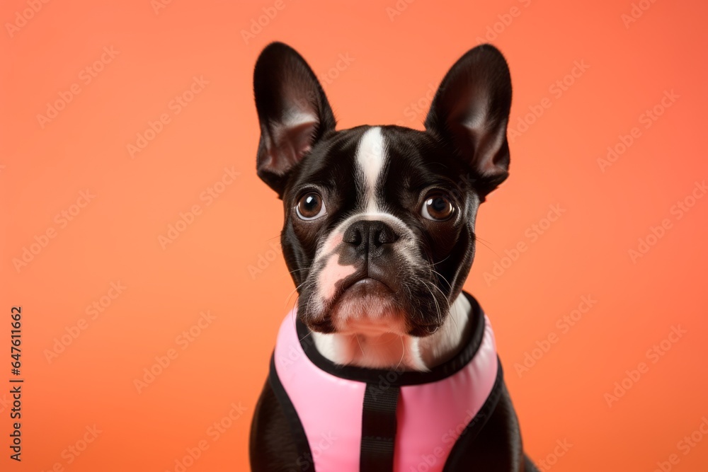 Close-up portrait photography of a cute boston terrier wearing a swimming vest against a peachy pink background. With generative AI technology