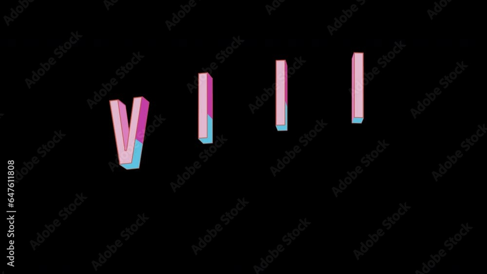 Bright letters jump merrily in the inscription VIII Roman numerals. Retro. Alpha channel black. In-Out looped. Alpha BW at the end. Looped from frame 120 to 240, Alpha BW at the end Bright letters jump merrily in the inscription VIII Roman numerals. Retro. Alpha channel black. In-Out looped. Alpha BW at the end. Looped from frame 120 to 240, Alpha BW at the end