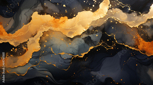 Abstract black-gold marbling oil acrylic paint background illustration art wallpaper