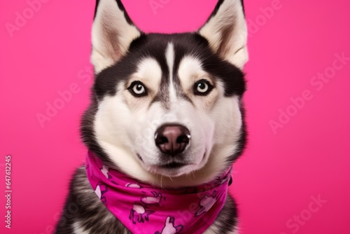 Headshot portrait photography of a cute siberian husky wearing a bandana against a hot pink background. With generative AI technology