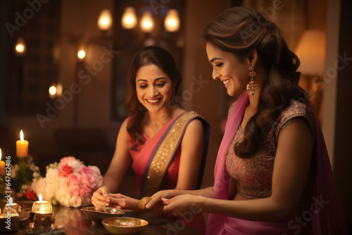 Indian women wishing to each other of traditional festival diwali