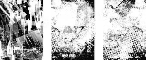 Glitch distorted grungy isolated layers . Design element for brochure, social media, posters, flyers. Overlay texture.Textured banner with Distress effect .Vector halftone dots . Screen print texture