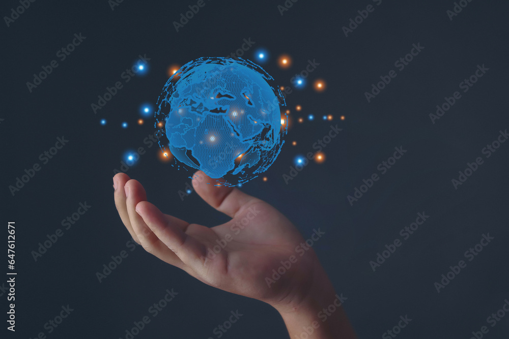 Businessman uses their hands to communicate Global connectivity, development, successful business concept Computer strategy, research, vision, network economy market technology background.
