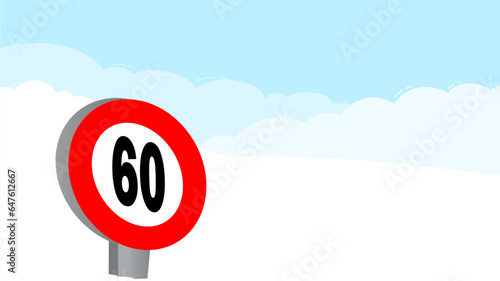 60 kmh speed limit target sign label vector art illustration with blue sky and white cloud background