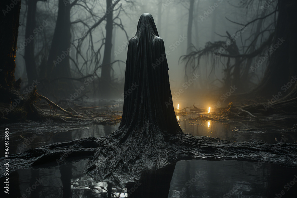 Black witch in the mysterious forest. Black witch in the mysterious forest.
