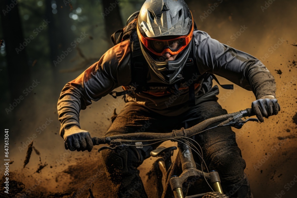 Mountain Biker Racing Downhill Through, Generative AI Mountain Biker Racing Downhill Through, Generative AI