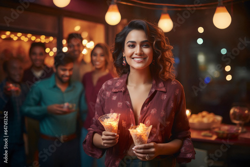 Young indian woman serve ice cream and celebrating traditional festival diwali