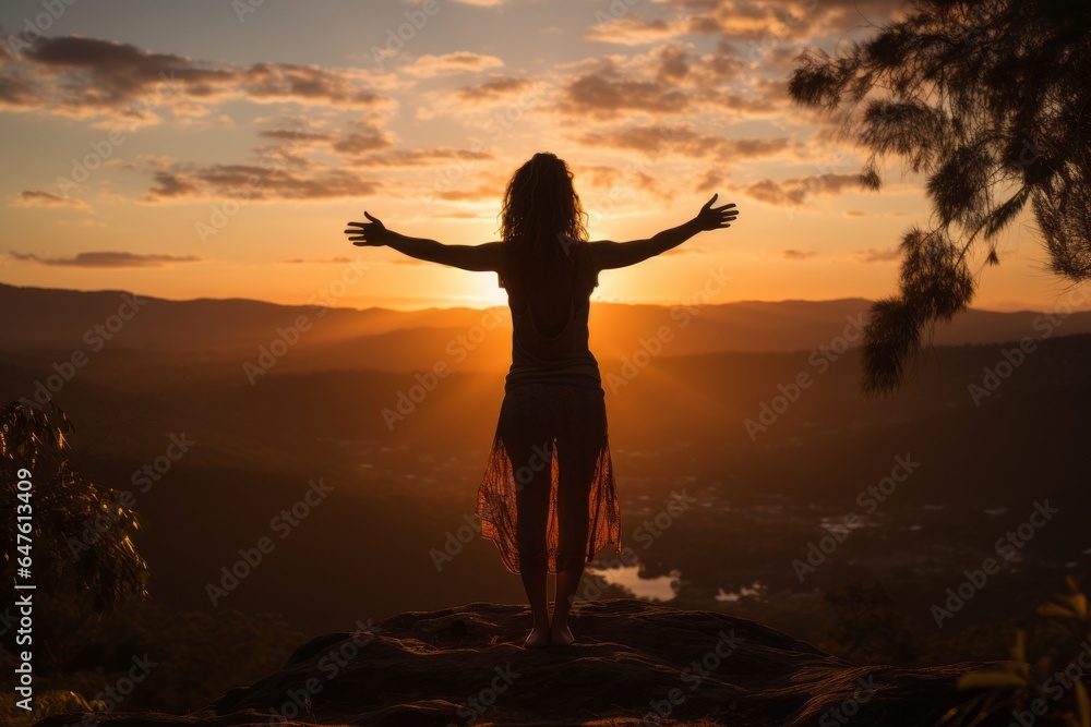 Yoga enthusiast practicing poses on a hill, their silhouette capturing the tranquility of the moment at sunset, Generative AI 