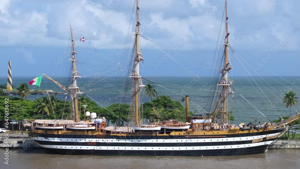 Aerial orbiting shot of Italian training ship Amerigo Vespucci at port of Santo Domingo during world tour, Dominican Republic Aerial orbiting shot of Italian training ship Amerigo Vespucci at port of Santo Domingo during world tour, Dominican Republic