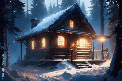 A small cabin with lights shining in the snowy forest. Generative AI photo