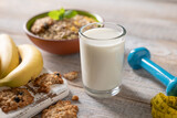 Healthy breakfast with milk, muesli, and bananas. Healthy food concept.