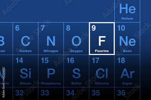 Fluorine element on the periodic table. Halogen and chemical element with symbol F and atomic number 9. Most electronegative element and extremely reactive. Named after Latin verb fluo, meaning flow.