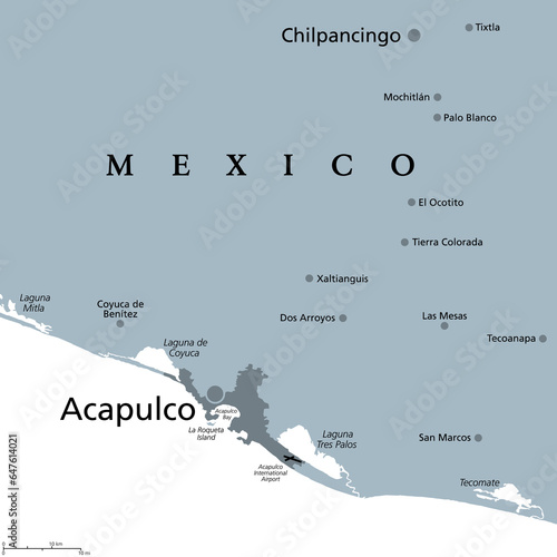 Acapulco and surroundings, gray political map. Acapulco de Juarez, city and major port of call in state of Guerrero on Pacific Coast of Mexico. Popular tourist spot and port of call for cruise ships.
