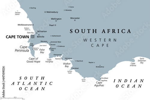 Cape of Good Hope, region in South Africa, gray political map. From Cape Town and Cape Peninsula, a rocky headland on the South Atlantic coast, to Cape Agulhas, southern tip of the continent Africa.