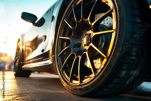Close -up of luxury sports car tires and wheel parked on asphalt roads. The background of the beautiful light and green trees.
