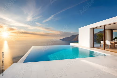Traditional mediterranean house with white stucco wall with swimming pool. Summer vacation background © muhmmad