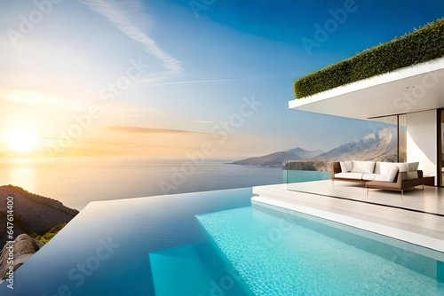 Traditional mediterranean house with white stucco wall with swimming pool. Summer vacation background