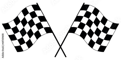 Two crossed racing flags. Black and white checkered racing flags. Vector graphics isolated. Racing flags crossed.