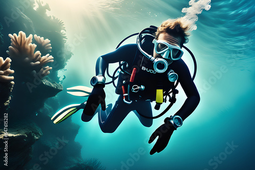 scuba diver in the sea , trip, lifestyle ,generative ai photo