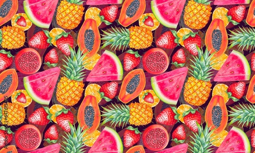 Seamless watercolor fruit pattern with slices of watermelon, pineapple, pomegranate, strawberry, papaya