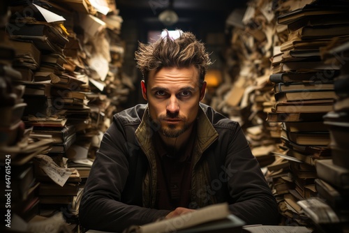 Reporter engrossed in research, surrounded by stacks of documents, Generative AI