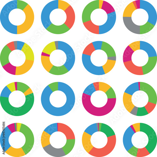 A set of infographic pie charts. Colorful chart with highlights or steps and a hole inside. Vector illustration for infographics, web design or business presentation.