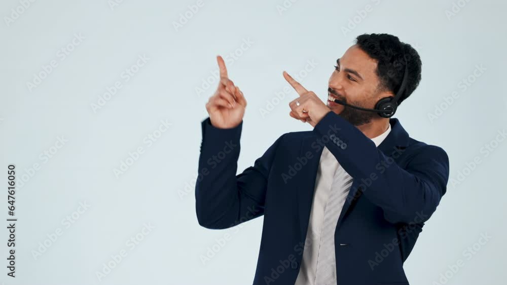 Customer service, hand pointing and face of man with headset in studio for call center training on grey background. Telemarketing, portrait or guy consultant show checklist, timeline or sign up info Customer service, hand pointing and face of man with headset in studio for call center training on grey background. Telemarketing, portrait or guy consultant show checklist, timeline or sign up info