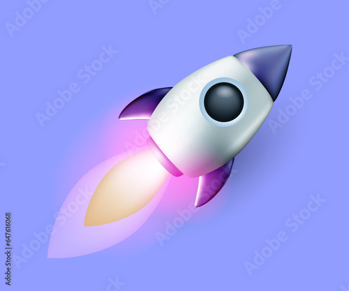 Vector cartoon illustration of flying metallic space ship with flame on blue color background. 3d style design of business startup symbol