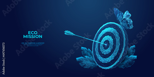 Abstract blue butterfly sat on the target with a bow arrow in the bullseye. Digital aim, insect, and leaves. Innovation and business goal concept. Futuristic low poly wireframe vector illustration.