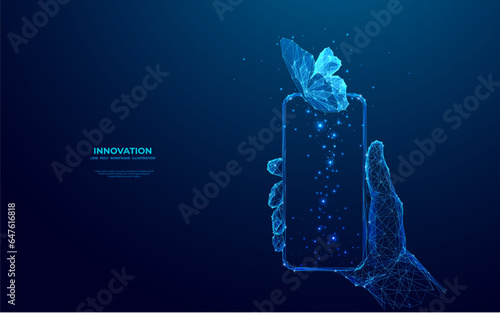Digital butterfly flies away from the smartphone screen. Abstract close-up human hand holding phone with a blue hologram of insect over the screen. Futuristic low poly wireframe vector illustration.