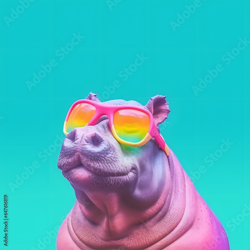 Funny portrait of hippopotamus with swimming goggles photo