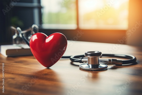 Stethoscope and red heart on a desk, symbolizing health care photo