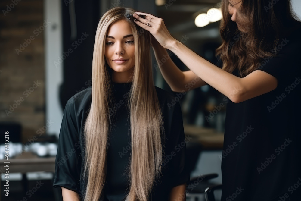 Hairdresser doing hair rebonding to long hair in the hair salon Hairdresser doing hair rebonding to long hair in the hair salon