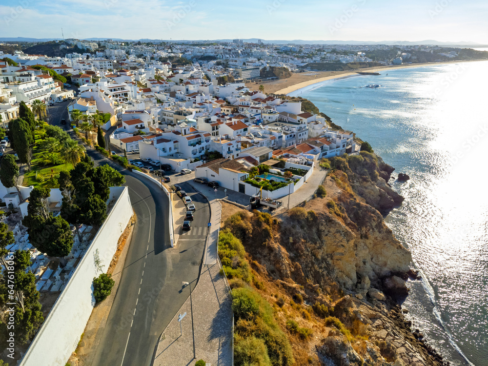 Aerial view landscape, Algarve Portugal Albufeira. Street, houses, beach, ocean, sunny beautiful day. View of the horizon.