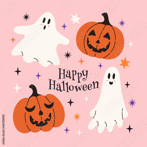 Halloween cute cartoon card with funny characters, ghost, pumpkin, star and typography. Pink background. Hand drawn vector illustration perfect for cover, banner, poster, invitation.