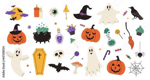 Halloween element set: hat, ghost, bat, candy, funny pumpkins, spider. Perfect for scrapbooking, greeting card, party invitation, poster, tag, stickers. Hand drawn vector illustration.