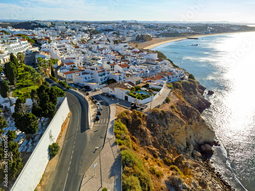 Obraz na płótnie Aerial view landscape, Algarve Portugal Albufeira. Street, houses, beach, ocean, sunny beautiful day. View of the horizon. w salonie