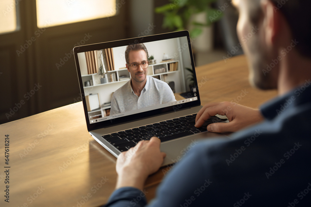 Person with laptop on conference call, zoom, skype Person with laptop on conference call, zoom, skype