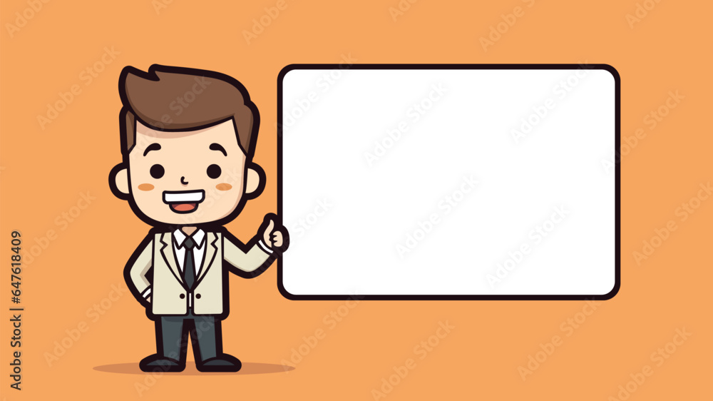 A businessman standing beside blank board
