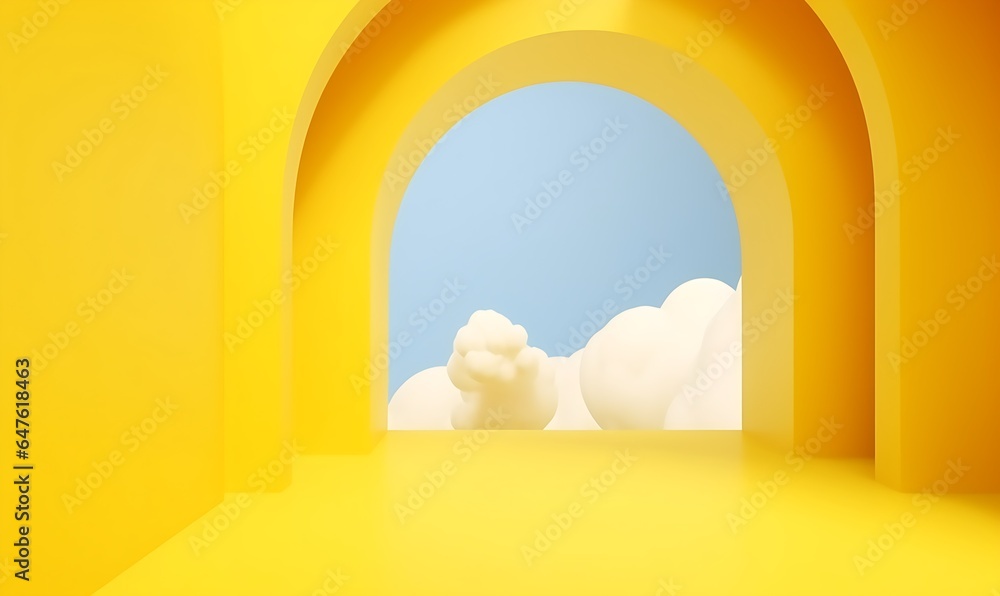 3d render, abstract minimal yellow background with white clouds flying out the tunnel, Generative AI