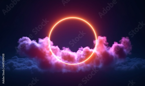 3d render, abstract cloud illuminated with neon light ring on dark night sky. Glowing geometric shape, round frame, Generative AI