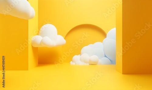 3d render, abstract minimal yellow background with white clouds flying out the tunnel, Generative AI