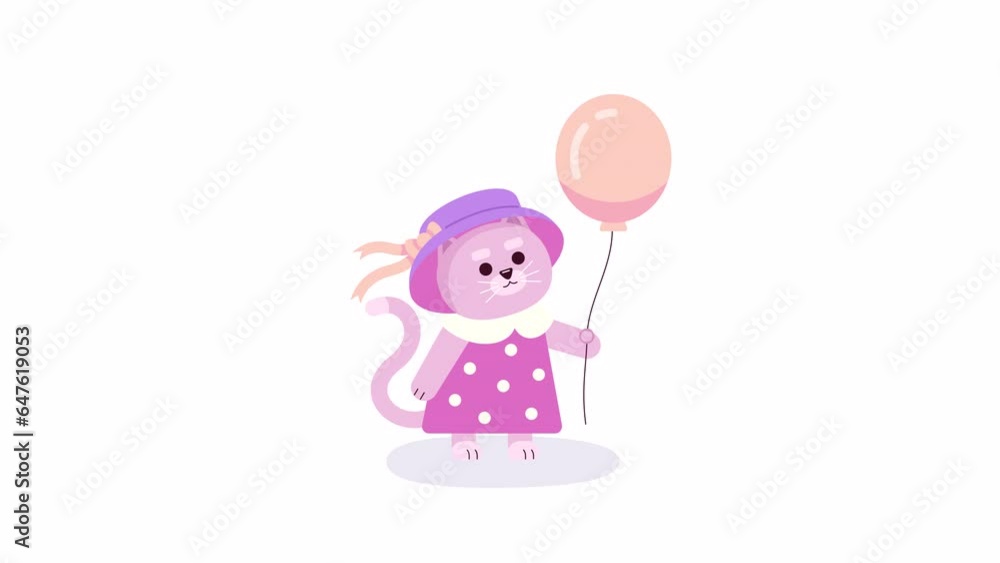 Little female kitten holding balloon 2D character animation. Childlike cat standing in cute dress flat cartoon 4K video, transparent alpha channel. Kawaii animated animal on white background Little female kitten holding balloon 2D character animation. Childlike cat standing in cute dress flat cartoon 4K video, transparent alpha channel. Kawaii animated animal on white background