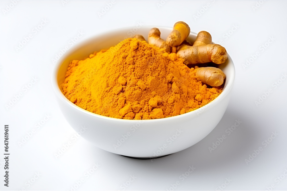 turmeric powder in bowl isolated on white background turmeric powder in bowl isolated on white background