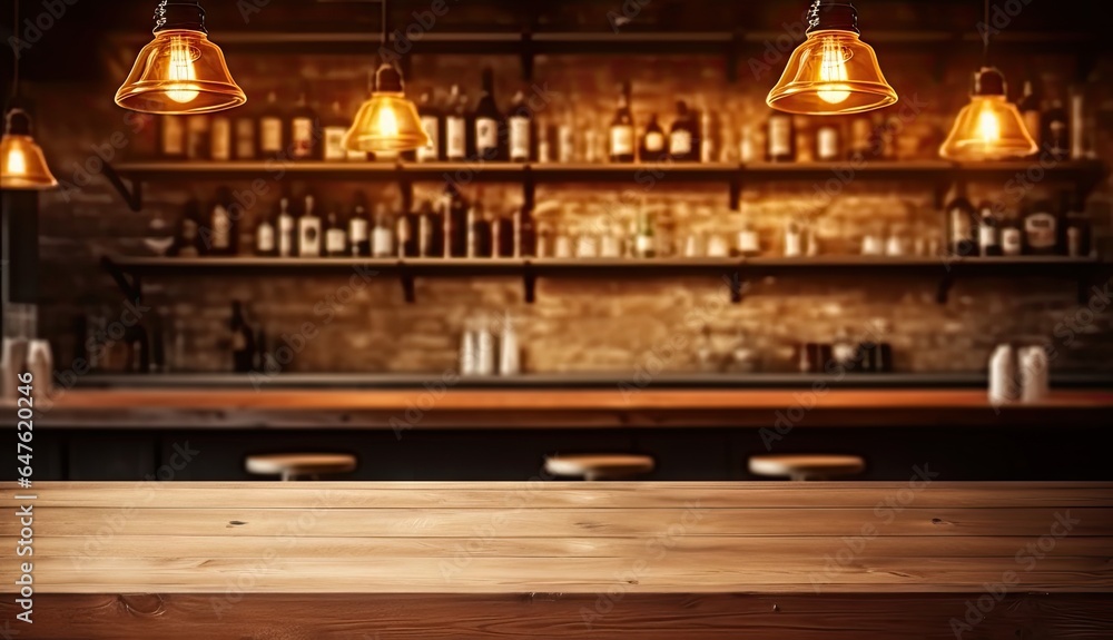 Fototapeta premium Urban elegance. Bar counter aesthetics. Empty glasses full stories. Night at pub. Empty wooden table. Restaurant ambiance