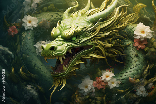 Chinese New Year 2024, Green Dragon Vibrant Illustration, Combining Traditional Symbolism and Contemporary Design to Welcome Prosperity, Good Fortune, and Renewal