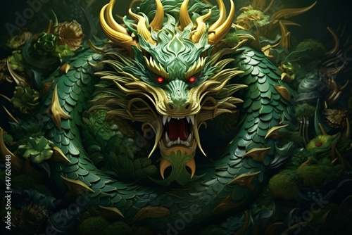 Chinese New Year 2024, Green Dragon Vibrant Illustration, Combining Traditional Symbolism and Contemporary Design to Welcome Prosperity, Good Fortune, and Renewal